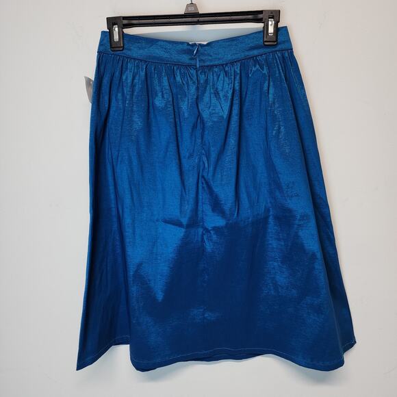 Socialite Taffeta Midi Skirt Size M Blue Pleated A-line Elastic Waist Glam Chic - Picture 3 of 10